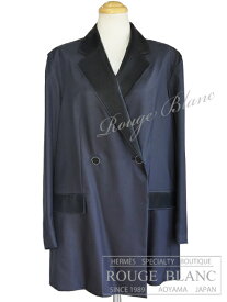 エルメス　オーダー　ロングジャケット　ネイビー　シルク　レザー　#38　タグ付 【新品】HERMES Long Jacket Silk×Leather【NEW】