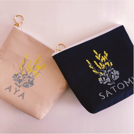 【メール便無料】【名入れ】お名前 オーダー 刺繍 化粧ポーチ ミモザ　紺　ベージュ プレゼント お祝い お礼 お誕生日 イニシャル　母の日　花 プチオーダー 【無料ラッピング】ミモザ
