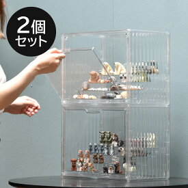 ディスプレイケース 【2個セット】 棚付き 透明 クリアボックス 収納 フィギュア アクスタ プラモデル 飾る スタッキング フィギュアケース ショーケース プラスチック 軽量 クリアケース かわいい おしゃれ ホコリ対策 棚板 階段 FunFunFunBOX