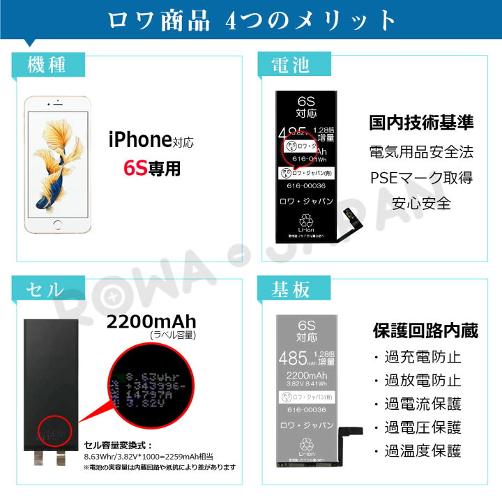 楽天市場】大容量【PSE認証済み】iphone6s / iphone 6s バッテリー 