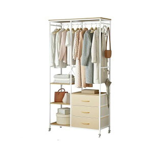 ハンガーラック 引き出し付き ワードローブ 衣装棚 押し入れ 棚付き 棚板可動式 収納付き 収納ラック 大容量 頑丈 wardrobe 全体耐荷重120kg(高通気性カチオン生地 ベージュ)