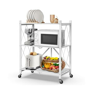 折りたたみラック 収納ラック スチールラック 棚 3段 幅71x奥行36x高さ90cm キャスター付きメタルラック 折り畳み棚 コンパクト 組立簡単 移動便利 防サビ加工(ホワイト)