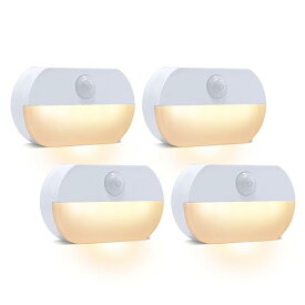 Led センサーライト 電池式 暖色 4個 足元灯 フットライト 人感センサー 配線不要 自動点灯 消灯 階段 トイレ 廊下 冷蔵庫照明 玄関 クローゼット 室内ルーム 小さい 両面テープ付き 電池別売り カバーあり
