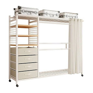 ハンガーラック コートハンガー 洋服収納ラック ワードローブ クローゼット 引き出し付き キャスター付き 収納付き 押入れ 衣装棚 大容量 おしゃれ 頑丈スチール 幅138×奥行40×高さ160cm ホワ