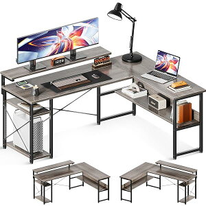 パソコンデスク 幅155 ゲーミングデスク デスク l字 机 棚付き pcデスク 3段階モニター台付き 収納 desk オフィスデスク 仕事用 在宅勤務 組立簡単 グレー