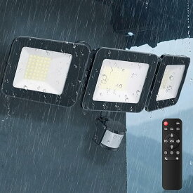 センサーライト 屋外 LED投光器 100W 昼白色 6500K 超爆光 3灯式 10000LM IP66防水 コンセント式 人感 LEDライト【2025年最新改良 3面発光 リモコン操作 無段階調光 常時点灯機能 本体センサー部もモード調整可能】フ