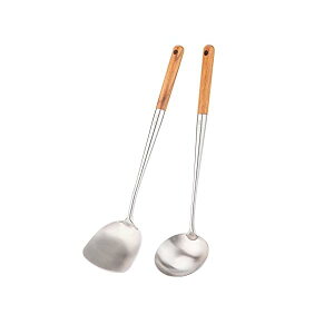 【送料無料】お玉 17インチの中華鍋用お玉 304ステンレス製中華鍋用ヘラ (ウォールナット- 2pcs)