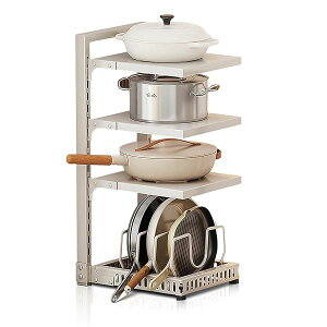 【送料無料】収納キッチンラック フライパンラック 鍋ラック 鍋蓋スタンド シンク下 収納 スペースを調整できる多機能キッチン収納 材質 炭素鋼 4段 オフホワイト