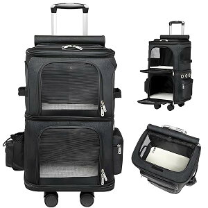 【送料無料】ペットキャリーバック 二層トロリーバッグ 新型犬猫キャリーケース ペット用 2匹 猫 犬 多頭飼い 2段式通気口付きポータ 持ち手付き 頑丈さ 取り付け簡単 360度回転キャスター