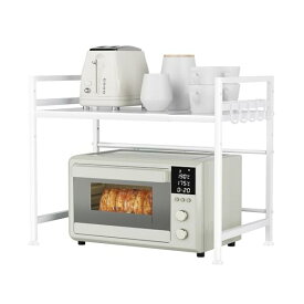【送料無料】レンジ上ラック トースターラック 伸縮式 幅(40-60cm）電子レンジ 置き台 棚板高さ調節可 キッチン収納 耐荷重50kg フック5つ付き お洒落 収納ラック (ホワイト)