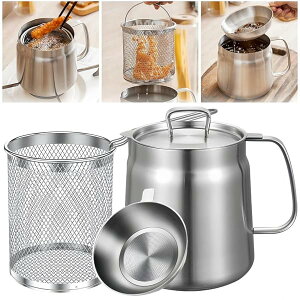 【送料無料】オイルポット 大容量 304ステンレス 油ポット 揚げ鍋兼用 油こし器 油入れ 天ぷら油 残留物を濾過 IH?ガス火対応 食器洗い機対応 (フィルター+フライバスケット付き, 3.5L)