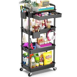 【送料無料】キッチンワゴン ローリング 4段 引き出し付き ハンドル付き 収納カップ 仕切板付き 多機能 小物 隙間収納 バスケットラック バスルーム オフィス キッチン用 収納ワゴン 幅37.8×