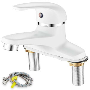 【送料無料】洗面水栓 洗面用混合栓 台付2穴 蛇口 洗面所 ツーホール式 シングルレバー混合 冷 温 切り替え 水栓金具 取り付けホース付き 真鍮製 (ホワイト)