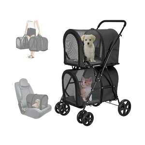 【送料無料】ペットカート 多頭 上下2段式 分離型 ペットバギー 折りたたみ 軽量 犬用ベビーカー コンパクト収納 ペットキャリーバッグ 4輪 前輪360°回転 後輪ブレーキ付き 小型犬 中型犬 犬