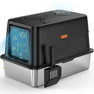 【送料無料】猫砂盆 猫トイレ 特大型XXL ステンレス製 自動脱臭機能付き 半封閉/全封閉2WAY 飛び散り防止 マイナスイオンファン 掃除簡単 上蓋開閉式 多頭飼い対応 (61×40×40cm スコップ付き)