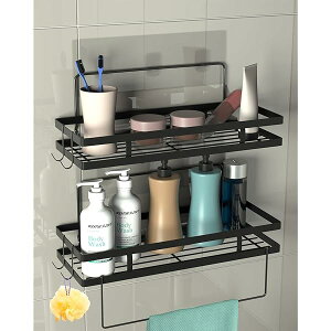 【送料無料】浴室用ラック タオルハンガー・小物フック付き しっかり粘着 調味料 収納ラック 耐荷重15KG 水切り 錆びない 壁掛けラック 穴あけ不要 お風呂/洗面所/キッチンに 2段式 ブラック