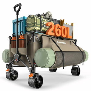 【送料無料】キャリーワゴン 特大容量260L 高耐荷重200kg 【長物対応?サイトポケット付き】キャンプカート アウトドアワゴン 折り畳み式 ワンタッチ収束式 自立収納 静音 ブレーキ付き 子供