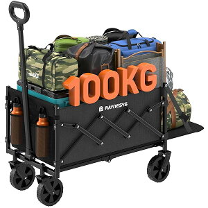 【送料無料】キャリーワゴン 小型 容量65L-90L 耐荷重100kg 長物対応 後部展開可 アウトドアワゴン 折り畳み式キャンプカートリアゲートあり 自立収納 静音キャンプ/砂浜/釣り/引越し/買い物/