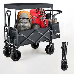 【送料無料】屋根付き キャリーワゴン プッシュ・プル両用ハンドル 屋外キャンプ車両 折りたたみ式全地形ガーデン車両 伸縮式調整可能プルロッド 静音設計 180L大容量 225kg耐荷重 ワイドタ