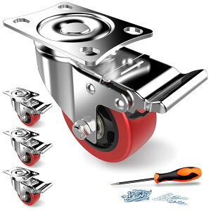 【送料無料】3インチ キャスター 4個セット 車輪 ブレーキ付き 高耐久性 単個耐荷重150kg 360度回転 静音 ミュートシリーズDIY家具交換キット ホイール径75mm 赤