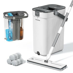 【送料無料】三槽式汚水分離フラットモップセット モップバケツセット 360°回転 スクレーパー付き 超細繊維モップパッド付き 手洗い不要 手が汚れない 床掃除 家庭用 4枚布と6枚布2セット