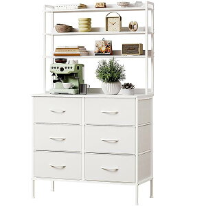 【送料無料】ハイチェスト 3段木製ディスプレイラック付き タンス 布製引き出し6杯 ロボット掃除機OK 衣類収納 オープンシェルフ収納棚 本棚 整理棚 シンプル 幅80cm(高防水性皮革 ホワイト