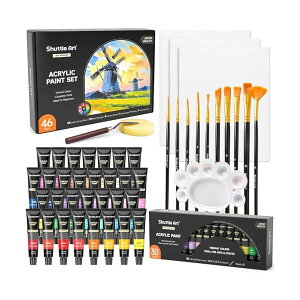 【送料無料】アクリル絵の具 アクリル顔料 46点セット 30色 ペイントブラシ10本 パレート付き 速乾 耐久 チューブ 12ml 手作り 布/石/ガラス/セラミックに描ける スポンジ キャンバス パレット
