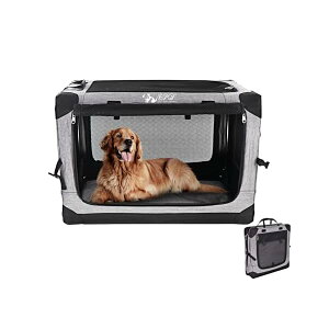 【送料無料】ペット ソフトクレート ケージ ペットキャリー ペットハウス カバー取り外せる 4面メッシュ出入口 鉄フレーム 猫犬兼用 折りたたみ式 洗濯可能 (シルバグレー, XL)