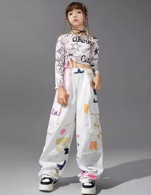 6/8限定★全品10%OFFクーポン! キッズダンス衣装 セットアップ ガールズ ヘソだし トップス パンツ ピンク グリーン ヒップホップ ペイント ガールズ hiphop kpop 韓国 子供 キッズ ダンス衣装 女の子