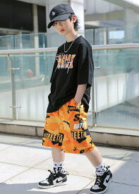 キッズダンス衣装 パンツ 迷彩 オレンジ ヒップホップ トップス Tシャツ ブラック ホワイト セットアップ ハーフパンツ hiphop kpop 韓国 子供 綿 キッズ ダンス衣装 女の子 男の子