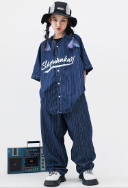 6/14-15限定★10%OFFクーポン! 在庫処分セール パンツ単品 160 キッズ ダンス 衣装 ベースボール シャツ パンツ ワイドパンツ ウエストゴム ストライプ デニム ヒップホップ キッズダンス衣装 hiphop kpop 韓国 ストリート 子供 女の子 男の子