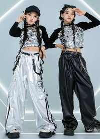 キッズダンス衣装 セットアップ 長袖 トップス ヘソ出し パンツ シルバー ブラック ヒップホップ hiphop kpop 韓国 子供 キッズ ダンス衣装 女の子 男の子