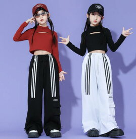 6/8限定★全品10%OFFクーポン! キッズダンス衣装 ガールズ 長袖 トップス 赤 黒 レッド グリーン ブラック ヘソ出し ショート丈 ホワイト パンツ ヒップホップ hiphop kpop 韓国 子供 キッズ ダンス衣装 女の子