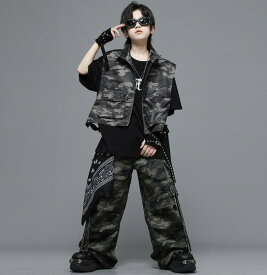 6/7限定★全品10%OFFクーポン! ダンス衣装 キッズ セットアップ 半袖 迷彩 ベスト tシャツ カーゴパンツ ヒップホップ hiphop kpop 韓国 子供 キッズ ダンス衣装 女の子 男の子