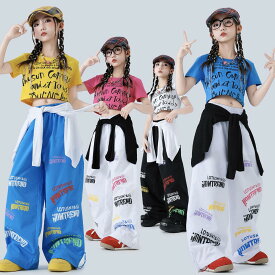 6/8限定★全品10%OFFクーポン! キッズ ダンス衣装 セットアップ 女の子 半袖 ショート丈 Tシャツ ヘソ出しワイドパンツ ヒップホップ ストリート jazz hiphop 韓国系 カラフル ロゴパンツ ジュニア ガールズ 発表会 イベント 練習着 レッスン着 おしゃれ 上下セット Royal