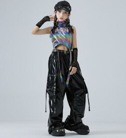 6/8限定★全品10%OFFクーポン! キッズ ダンス衣装 セットアップ ガールズ オーロラ タンクトップ カーゴパンツ ヒップホップ ストリート jazz hiphop 韓国系 メタリック ショート丈 エナメルパンツ ジュニア 女の子 レッスン着 発表会 イベント 可愛い 上下セット Royal