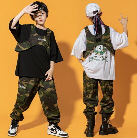 キッズダンス衣装 迷彩 セットアップ ベスト カーゴパンツ tシャツ カモフラージュ 白 黒 ヒップホップ hiphop kpop 韓国 子供 キッズ ダンス衣装 女の子 男の子