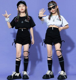 6/8限定★全品10%OFFクーポン! キッズダンス衣装 ショートパンツ 半袖 シャツ トップス ホワイト ブラック ショート丈 ヘソ出し パンツ ヒップホップ ガールズ hiphop kpop 韓国 子供 キッズ ダンス衣装 女の子
