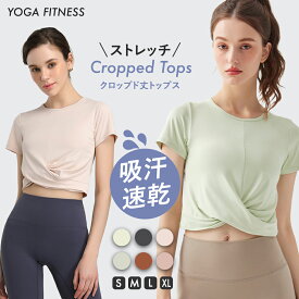 6/8限定★全品10%OFFクーポン! ヨガウェア フィットネス ヨガ 半袖 トップス ヘソ出し クロップド丈 シャツ ストレッチ ピンク グリーン グレー クロップドトップ 無地 ピラティス レディース エアロビクス 運動着 吸水 速乾 ホットヨガ レッスン
