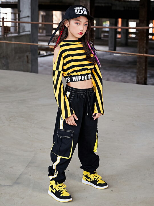 楽天市場 キッズダンス衣装 セットアップ ヒップホップ ストリート ストライプ 黄色 黒 ヘソ出し 子供服 ティーンズ キッズ ガールズ 女の子 Royal Dance