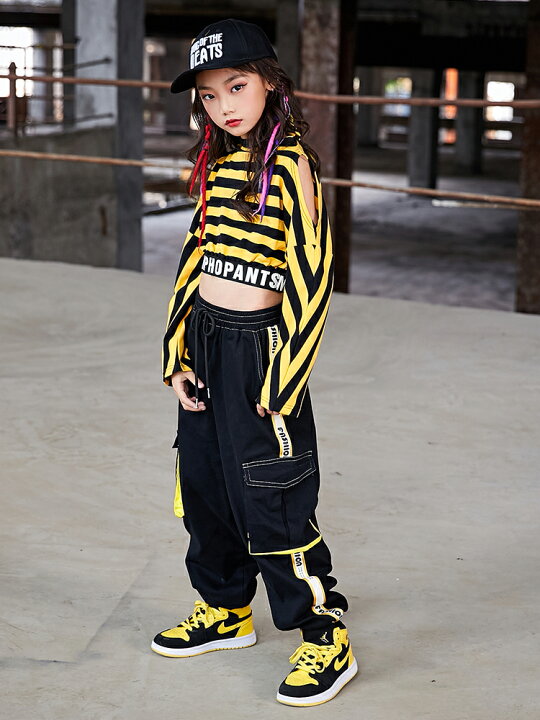 楽天市場 送料無料 キッズダンス衣装 セットアップ ヒップホップ ストリート ストライプ 黄色 黒 ヘソ出し 子供服 ティーンズ キッズ ガールズ 女の子 Royal Dance
