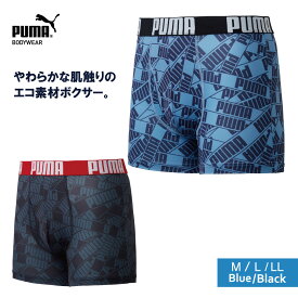 DRY ボクサーパンツ メンズ ストレッチ PUMA モノグラムプリントボクサー（前開き） RENU M/L/LL ブラック/ブルー 総柄 スタイリッシュ プリント スポーティ 速乾 男性 下着 プーマ パンツ サスティナブル