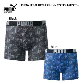 【新入荷！】DRY ボクサーパンツ メンズ ストレッチ PUMA モノグラムプリントボクサー（前開き） RENU M/L/LL ブラック/ブルー 総柄 スタイリッシュ プリント スポーティ 速乾 男性 下着 プーマ パンツ サスティナブル