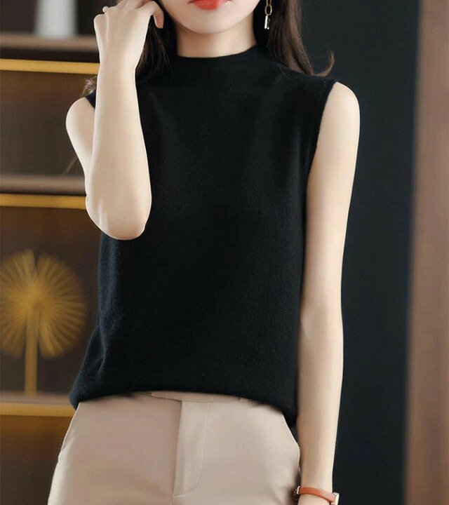 楽天市場】リブ ニット ノースリーブ ニット タートルネック 袖なし  