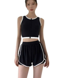 【2点セット】水着 レディース ビキニ 上下セット ハイウエスト ショートパンツ 体型カバー 前ファスナー パッド付き 水着 温泉 送料無料