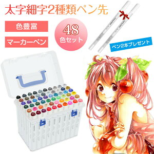 マーカーペン 48色セット イラストマーカー 水彩ペン 三角キャップ 2種類のペン先 太字 細字 油性コミック用 鮮やか 手帳 イラスト 色塗り カード DIY 子供 大人 描画 落書き 学習用 ケース付