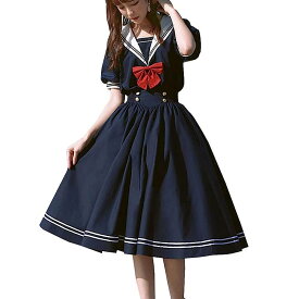 セーラー服 ワンピース 半袖 ネイビー ブルー ホワイト 女子高生 2点セット ハロウィン 衣装 Aライン JK 制服 コスチューム ドレス ロングスカート 蝶結ぶ 女子制服 写真 撮影 ロリータ 文化祭 学园歳 海軍風 かわいい 森ガール