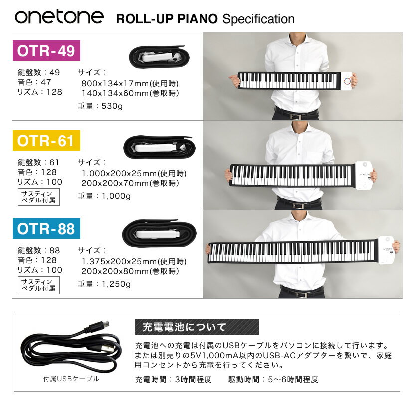 人気定番得価 ONETONE OTR-61 セット ワントーン ロールアップピアノ ロールピアノ キーボード 61鍵：京都 JEUGIA（ジュージヤ  楽器）
