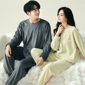 もこもこ メンズ ペアパジャマ カップル モコモコ 男女2着 セット ペアパジャマ 冬 長袖 ペア ルームウェア 無地 シンプル 柔らかい ペ