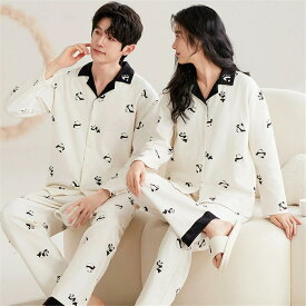 プレゼント カップル ペア セット 長袖 男女2着 セット ペア パジャマ 秋 可愛い カップル 冬 前開き パンダ ペア ルームウェア 結婚祝
